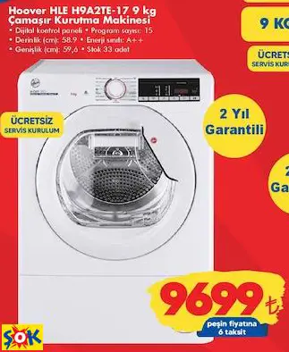 HOOVER HLE H9A2TE-17 9 KG ÇAMAŞIR KURUTMA MAKİNESİ